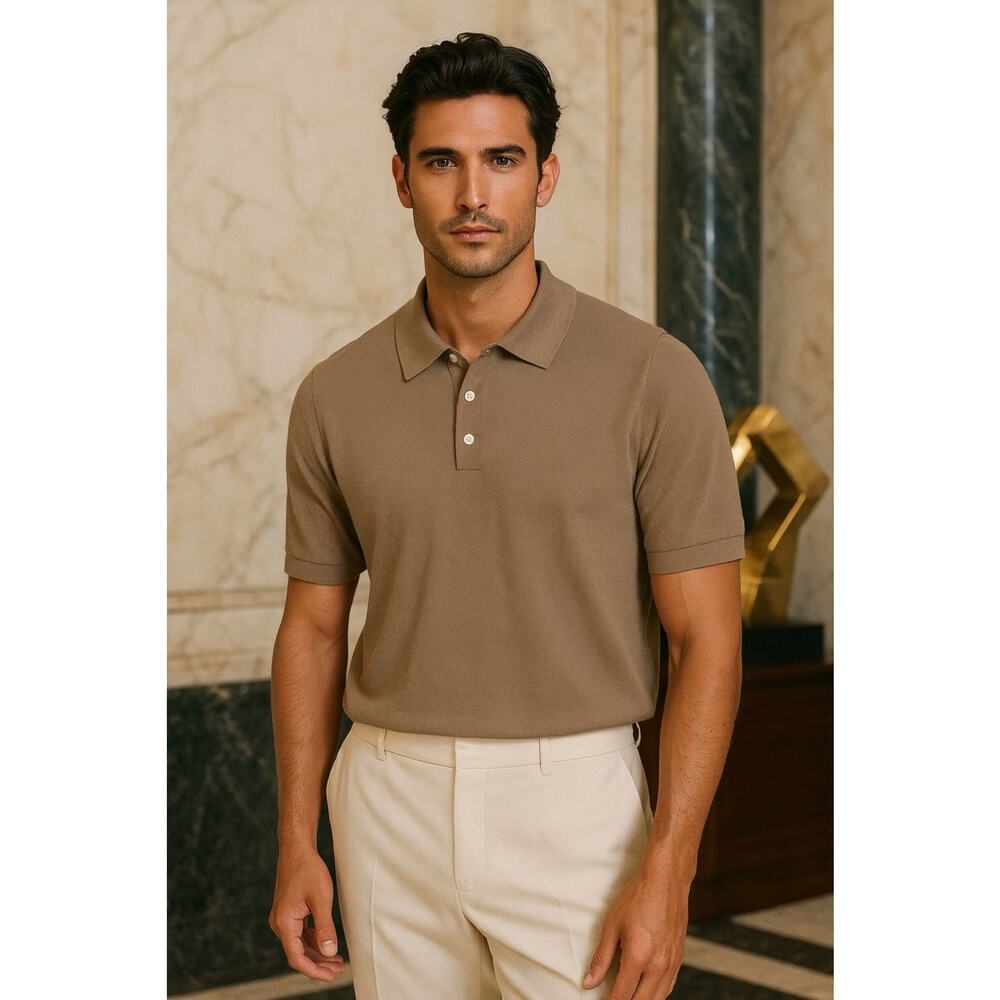NWT Academy Men’s Taupe Textured Knit Polo Shirt XL Quiet Luxury Beige